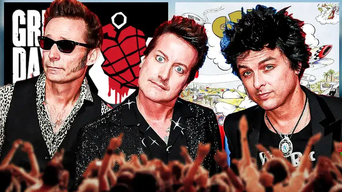 Green Day members Mike Dirnt, Tré Cool, and Billie Joe Armstrong in front of American Idiot and Dookie album covers.