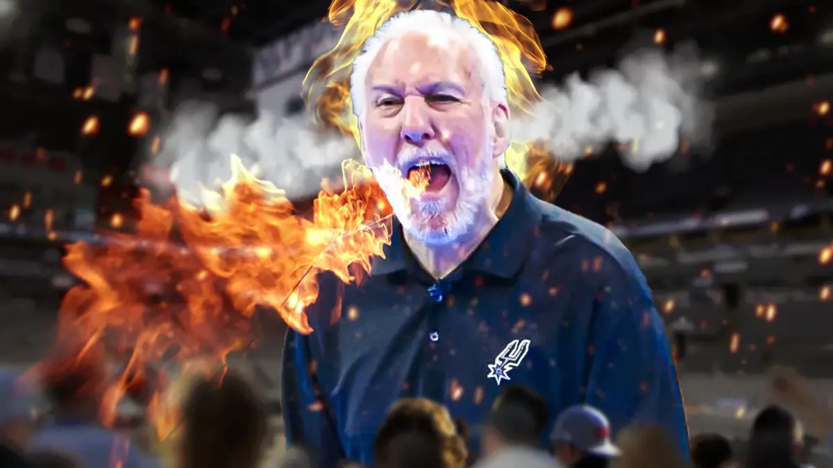Spurs' Gregg Popovich with fire on his head and coming from his mouth