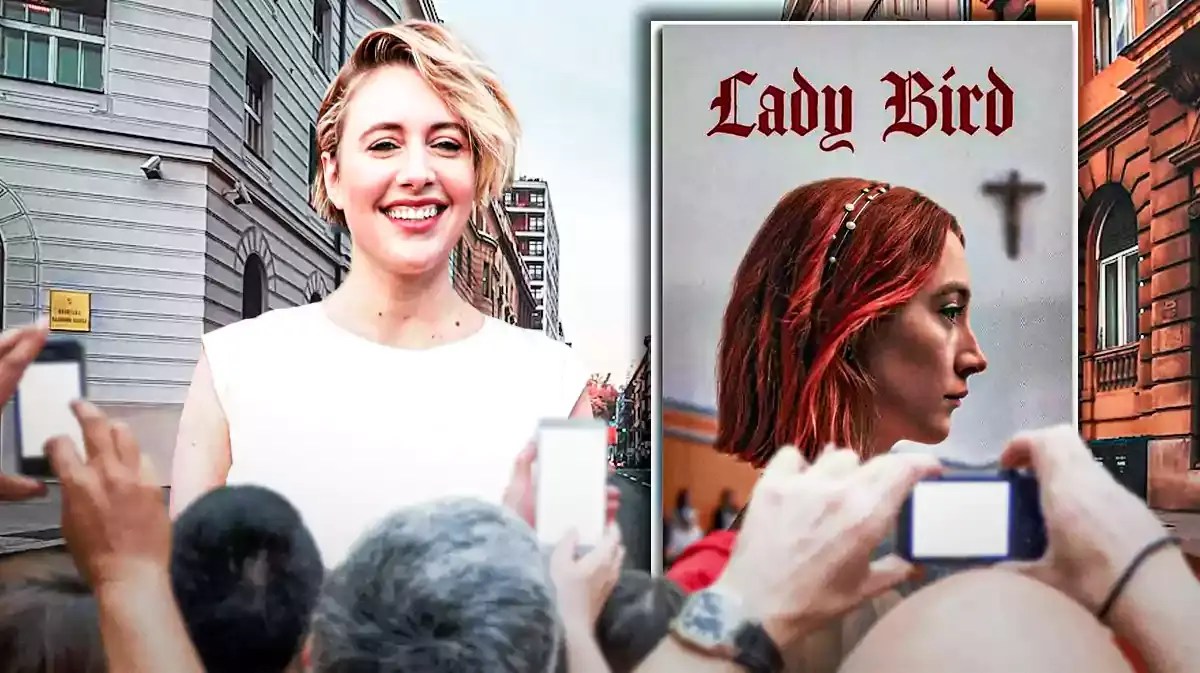 Greta Gerwig next to Lady Bird poster.