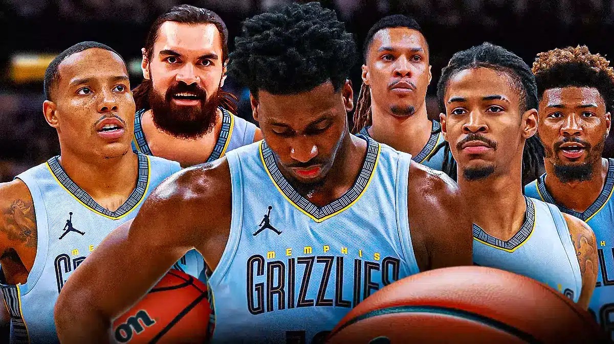 : Grizzlies' Jaren Jackson Jr. looking sad, with Ja Morant, Desmond Bane, Marcus Smart, Steven Adams, and Brandon Clarke hovering around Jackson