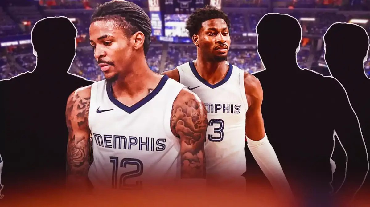 Grizzlies' Ja Morant and Jaren Jackson Jr. looking sad, with three silhouettes of Grizzlies players