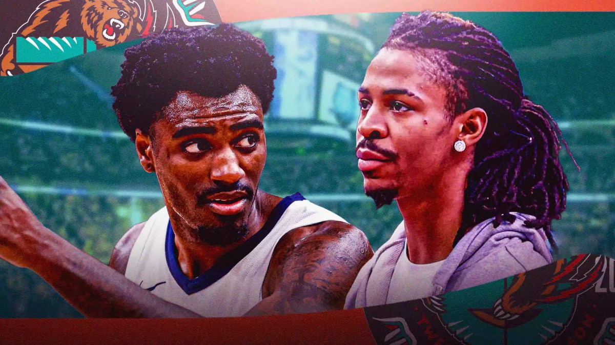 Vince Williams Jr. and Ja Morant with the Grizzlies arena in the background