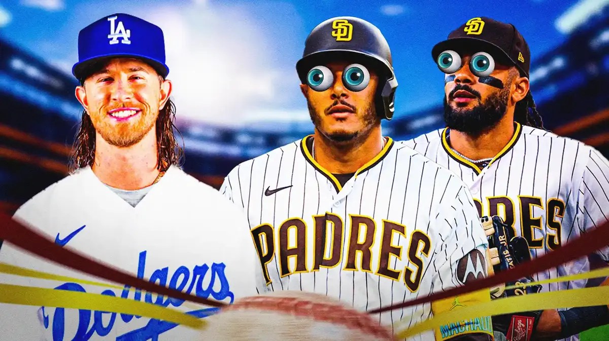 Josh Hader in a Dodgers uniform on left. Padres' Manny Machado, Padres' Fernando Tatis Jr. with eyes popping out looking at Hader on right.