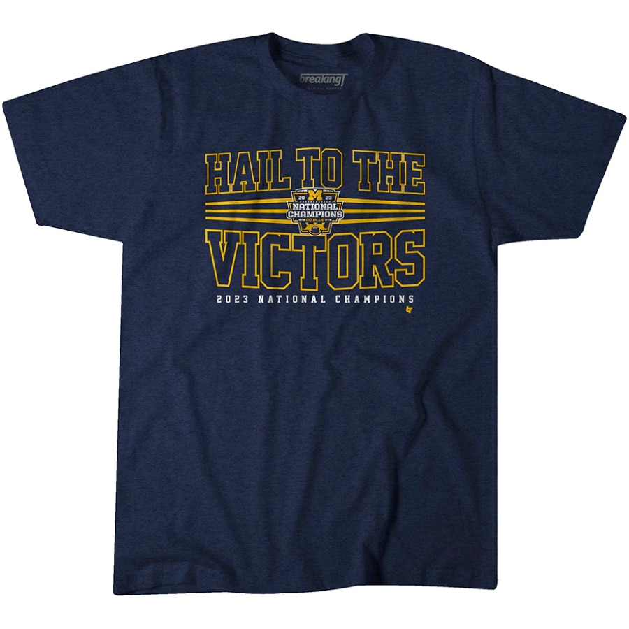 Hail to the Victors National Champions 2023 T-Shirt - Navy color on a white background.
