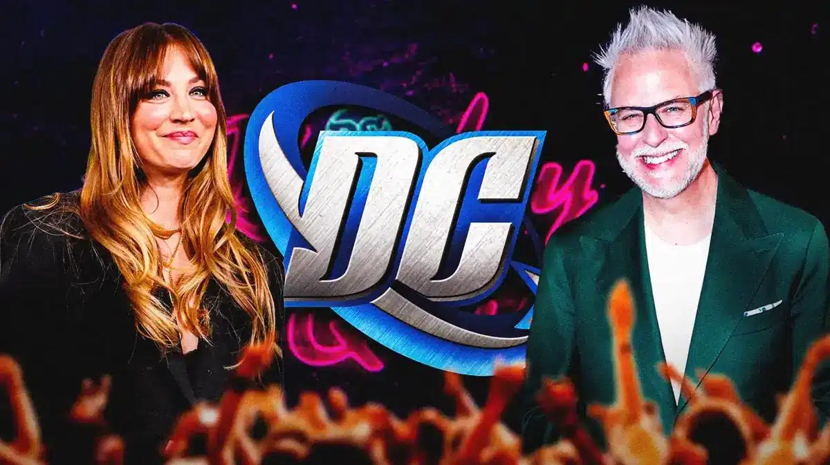 Kaley Cuoco and James Gunn in front of DC logo and Harley Quinn logo.