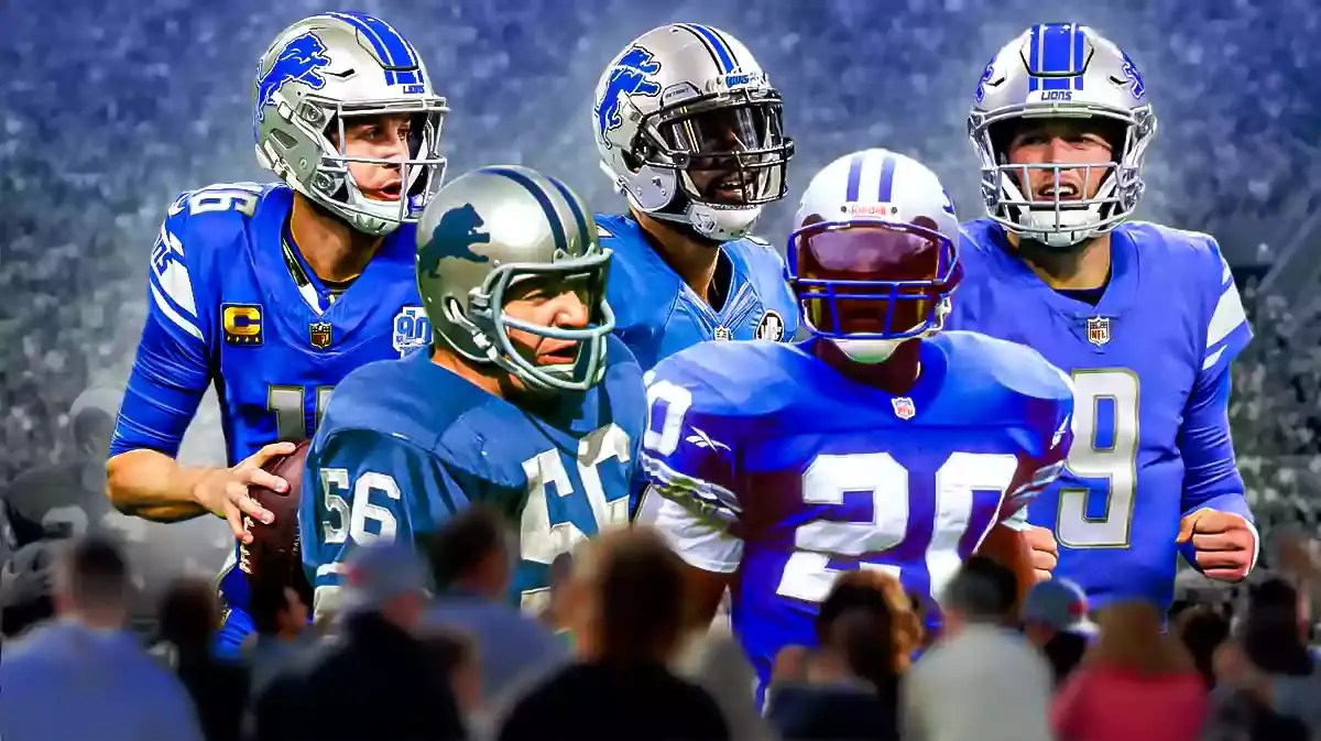 Jared Goff, Calvin Johnson, Matthew Stafford, Barry Sanders, Joe Schmidt all in Lions gear.