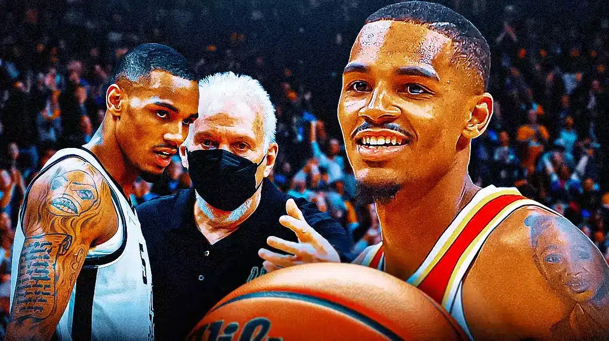 Dejounte Murray talking to Gregg Popovich as a Spurs player (2019), with Dejounte Murray smiling in a Hawks uni on the side