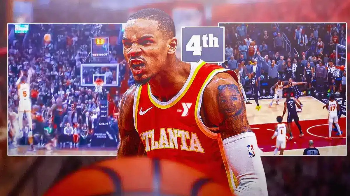 Hawks' Dejounte Murray hyped up in the middle, with screenshots of his game-winners beside him, with the 2K Closer signature skill beside Murray