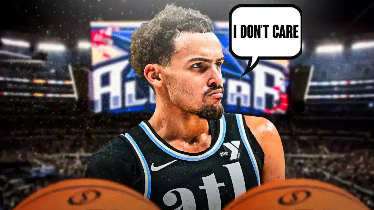 Hawks star Trae Young saying "I don't care" in reference to the 2024 NBA All-Star Game
