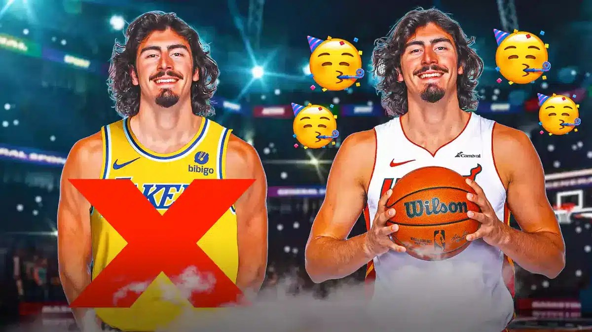 aime Jaquez Jr. looking serious in a Lakers uniform, with a huge cross over the Lakers version of him, with a picture of him so happy in a Heat uniform, party emoji around Heat Jaquez