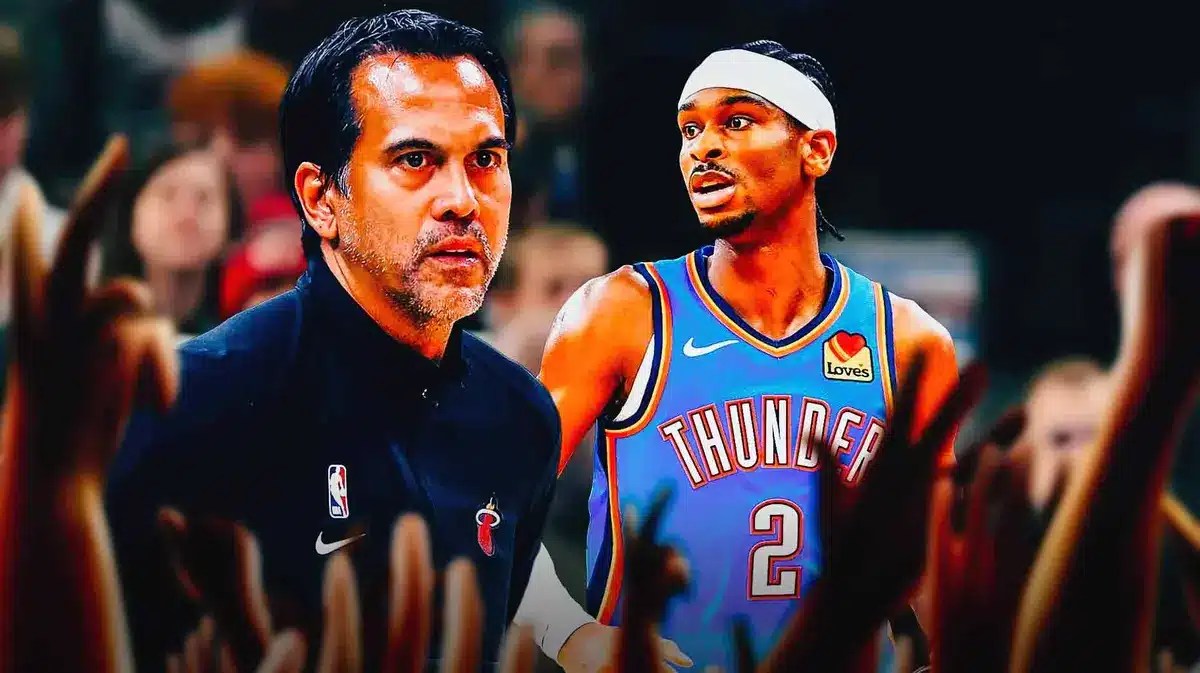 Miami Heat head coach Erik Spoelstra and Oklahoma City Thunder star Shai Gilgeous-Alexander in front of the Kaseya Center.