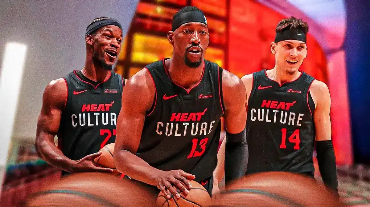 Miami Heat stars Bam Adebayo, Jimmy Butler, and Tyler Herro in front of the Kaseya Center.