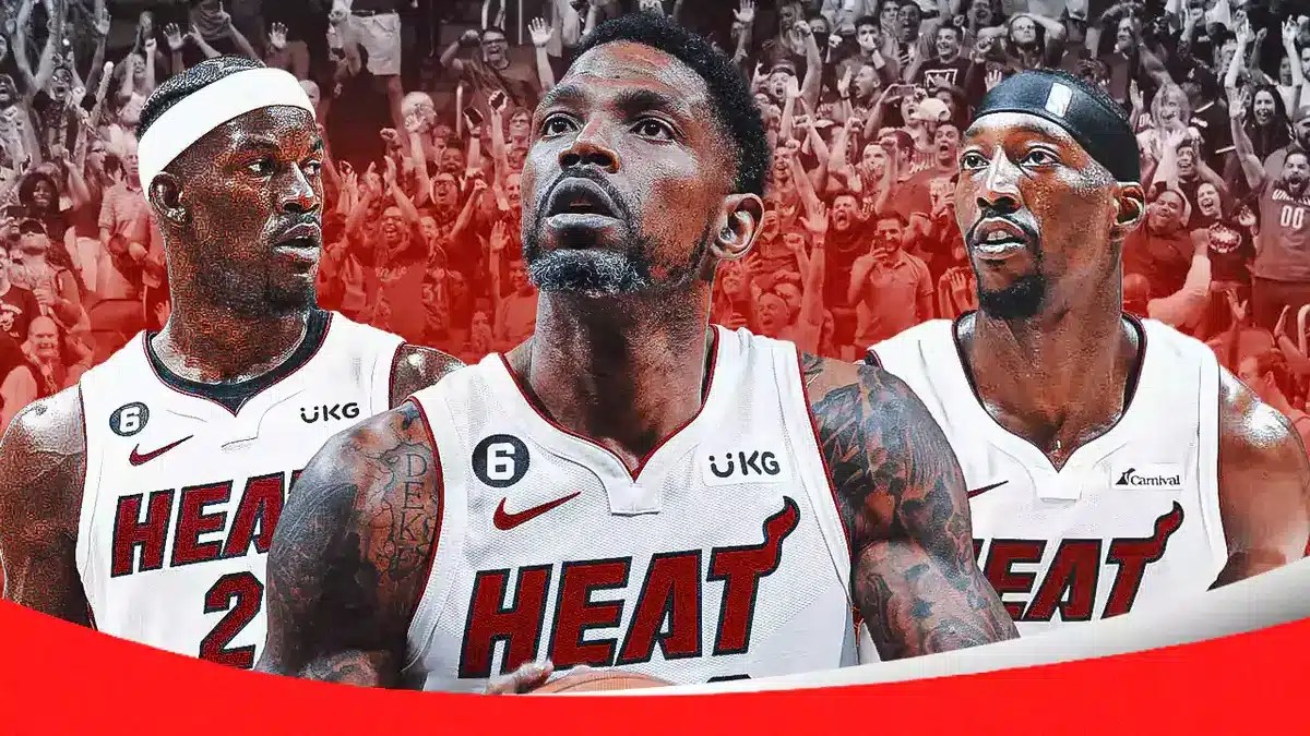 Miami Heat stars Bam Adebayo, Jimmy Butler, and former player Udonis Haslem in front of the Kaseya Center.