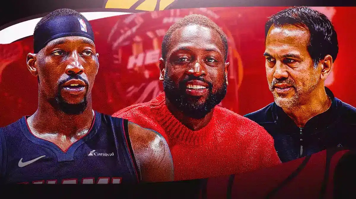 Miami Heat star Bam Adebayo, head coach Erik Spoelstra, and former player Dwyane Wade in front of the Kaseya Center.