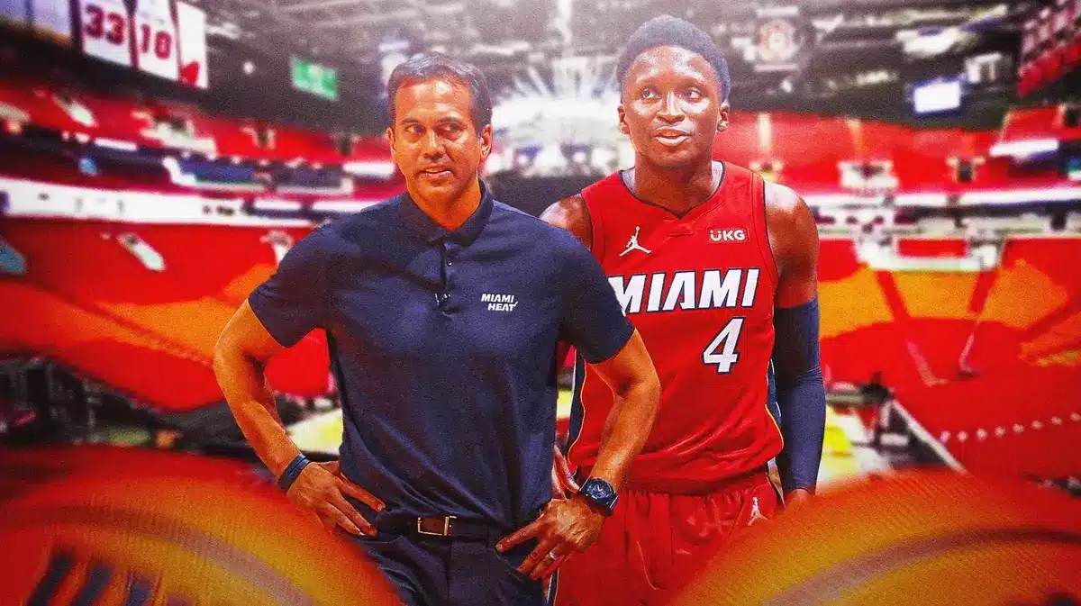 Former Miami Heat player Victor Oladipo and head coach Erik Spoelstra in front of the Kaseya Center.