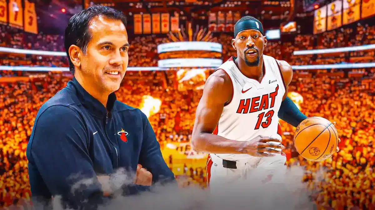 Miami Heat head coach Erik Spoelstra and star Bam Adebayo in front of the Kaseya Center.