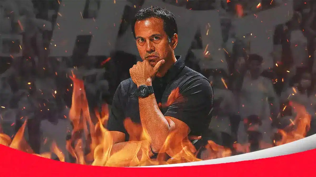 Miami Heat head coach Erik Spoelstra in front of the Kaseya Center.