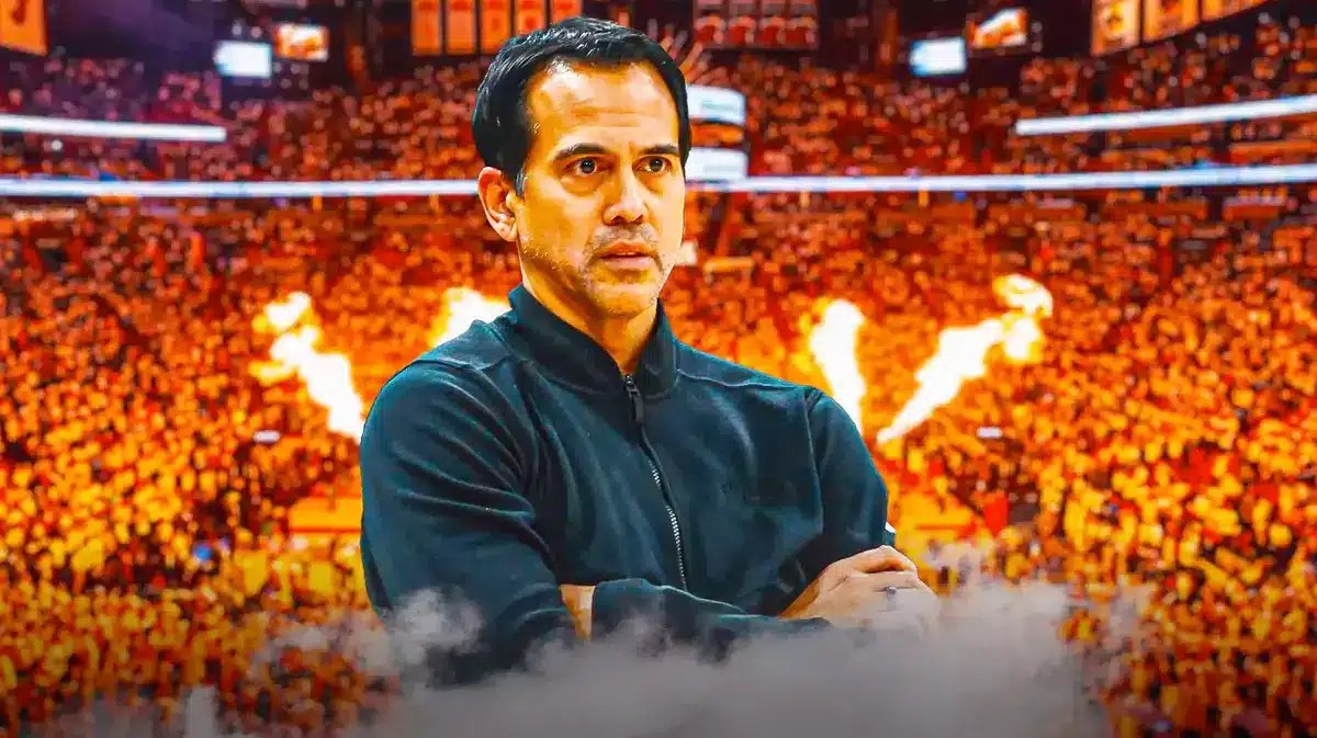 Miami Heat head coach Erik Spoelstra in front of the Kaseya Center.