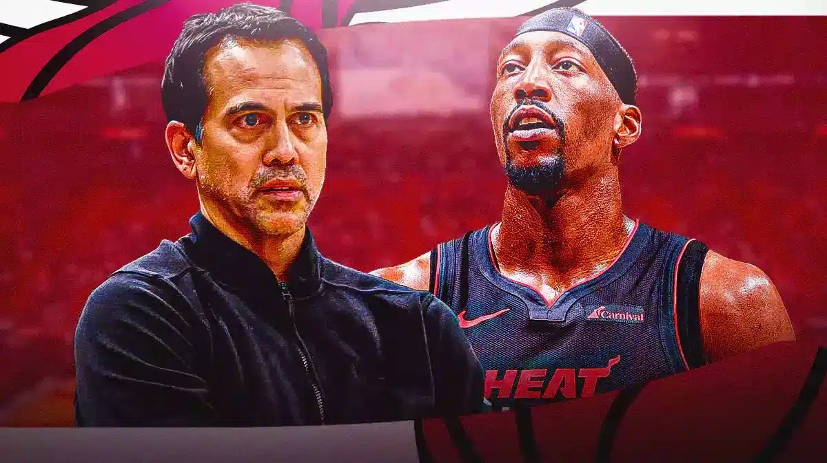 Miami Heat head coach Erik Spoelstra and star Bam Adebayo in front of the Kaseya Center.