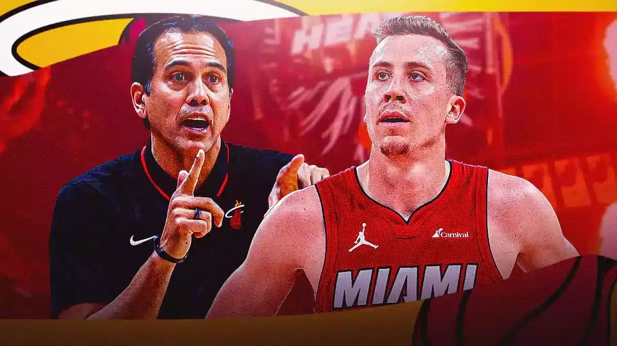 Miami Heat head coach Erik Spoelstra and star Duncan Robinson in front of the Kaseya Center.