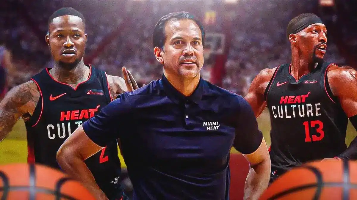 Miami Heat stars Terry Rozier, Bam Adebayo, and head coach Erik Spoelstra in front of the Kaseya Center.