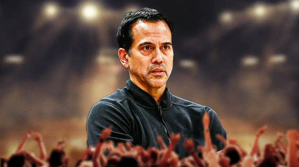 Miami Heat head coach Erik Spoelstra in front of the Kaseya Center.