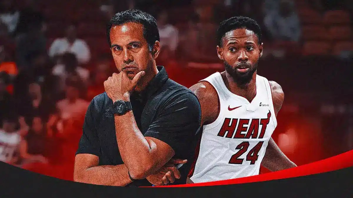 Miami Heat head coach Erik Spoelstra and star Haywood Highsmith in front of the Kaseya Center.