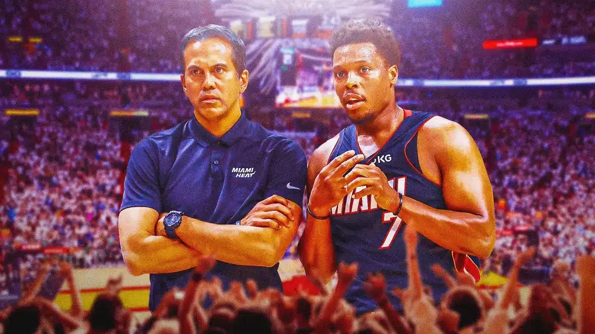 Miami Heat head coach Erik Spoelstra and star Kyle Lowry in front of the Kaseya Center.