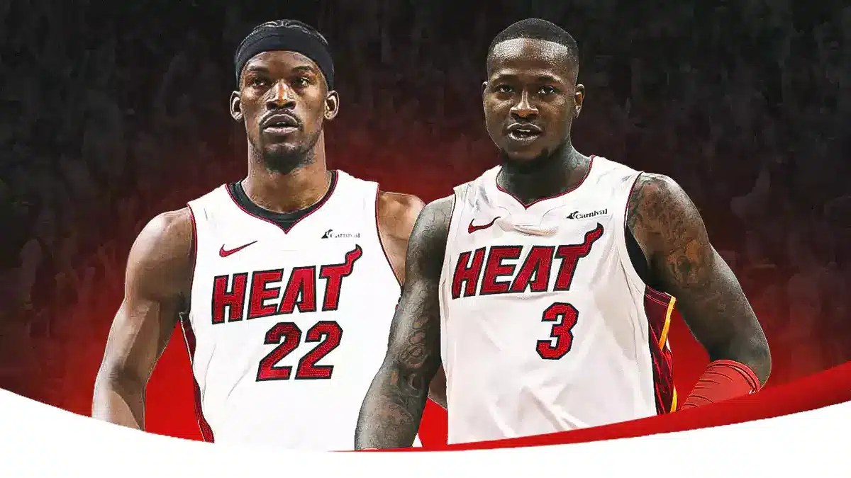 Miami Heat stars Jimmy Butler and Terry Rozier in front of the Kaseya Center.
