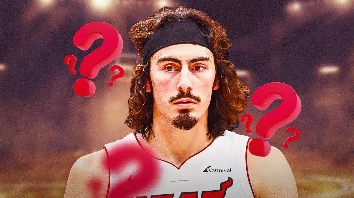 Miami Heat star Jaime Jaquez Jr. in front of the Kaseya Center with question marks around him.