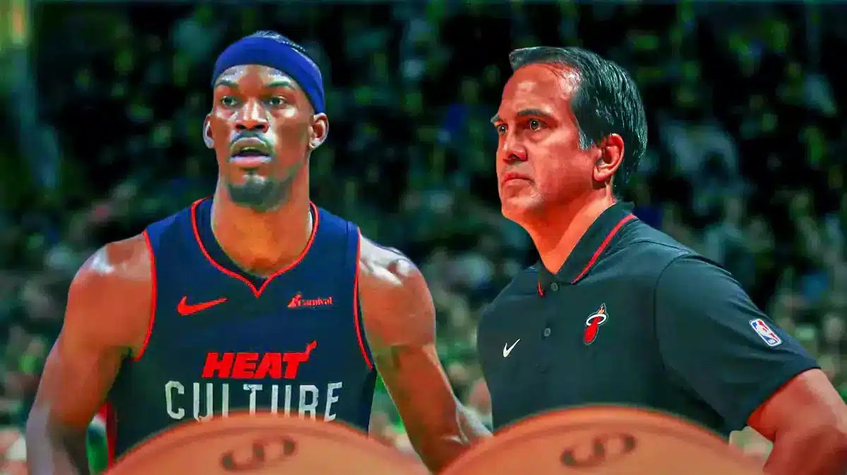 Miami Heat star Jimmy Butler and head coach Erik Spoelstra in front of the Kaseya Center.