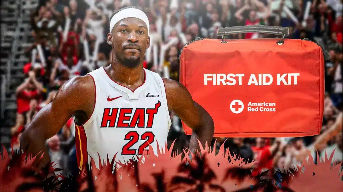 Miami Heat star Jimmy Butler next to a first aid kit in front of the Kaseya Center.