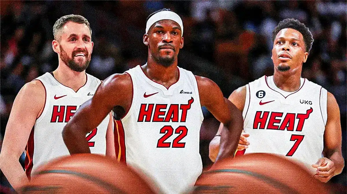 Miami Heat stars Jimmy Butler, Kevin Love, and Kyle Lowry in front of the Kaseya Center.
