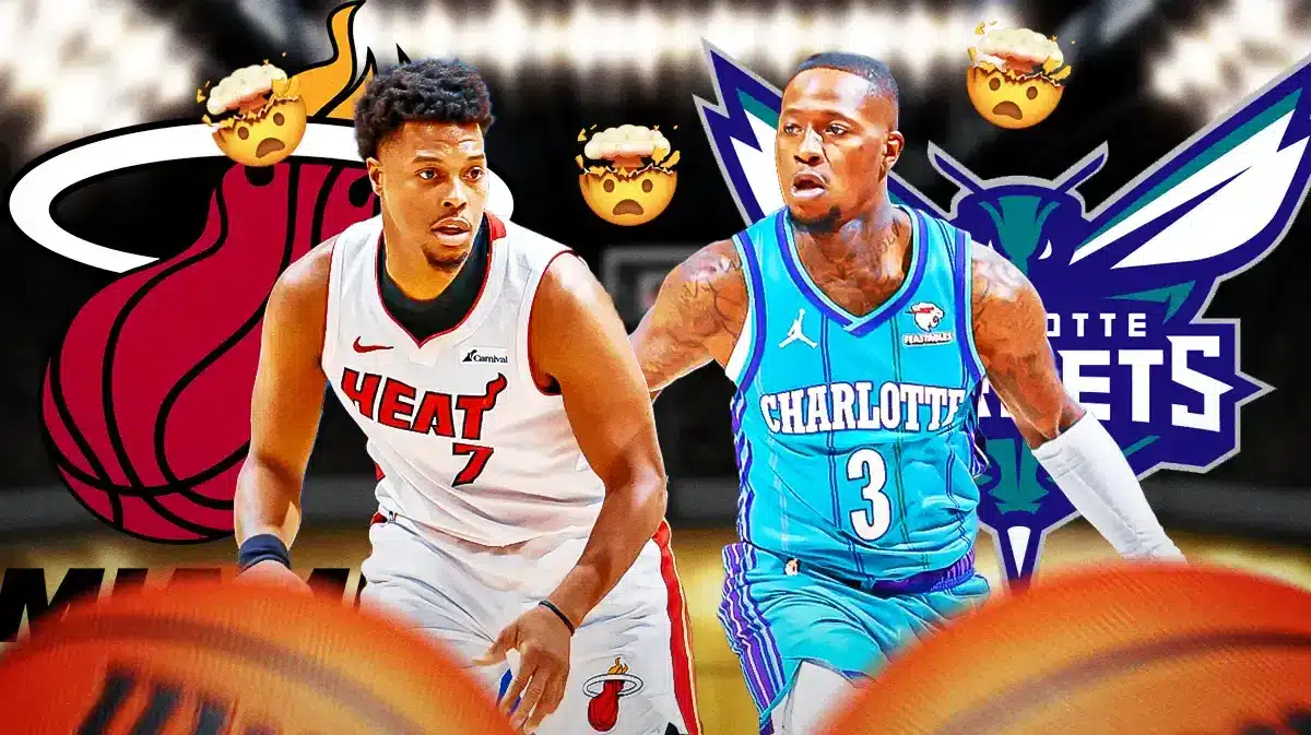 Terry Rozier and Kyle Lowry both in image, Heat and Hornets logos, just a few mind blown emojis, basketball court in background