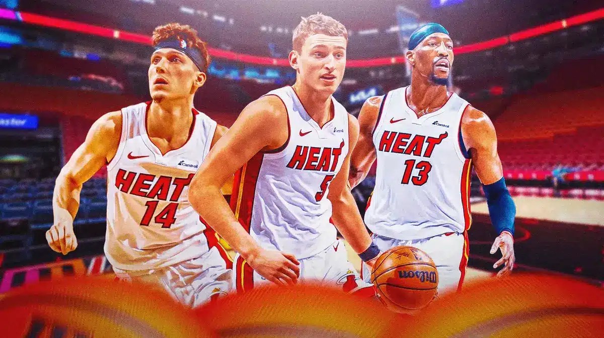 Miami Heat stars Nikola Jovic, Tyler Herro, and Bam Adebayo in front of the Kaseya Center.