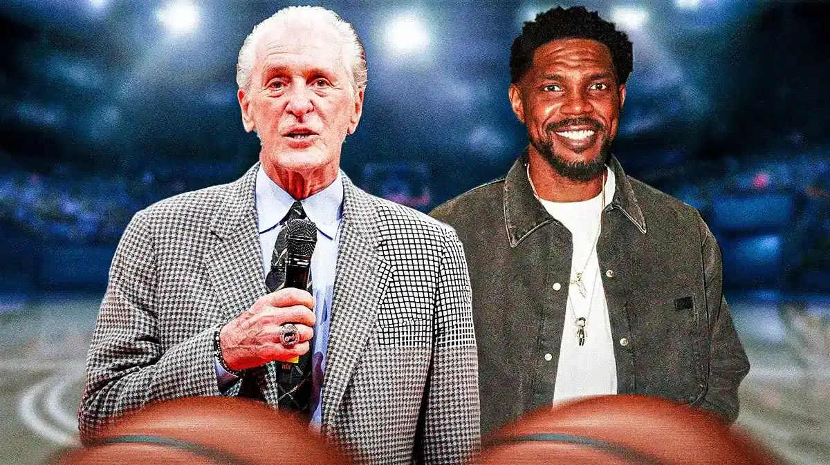 Miami Heat president Pat Riley and former player Udonis Haslem in front of the Kaseya Center.