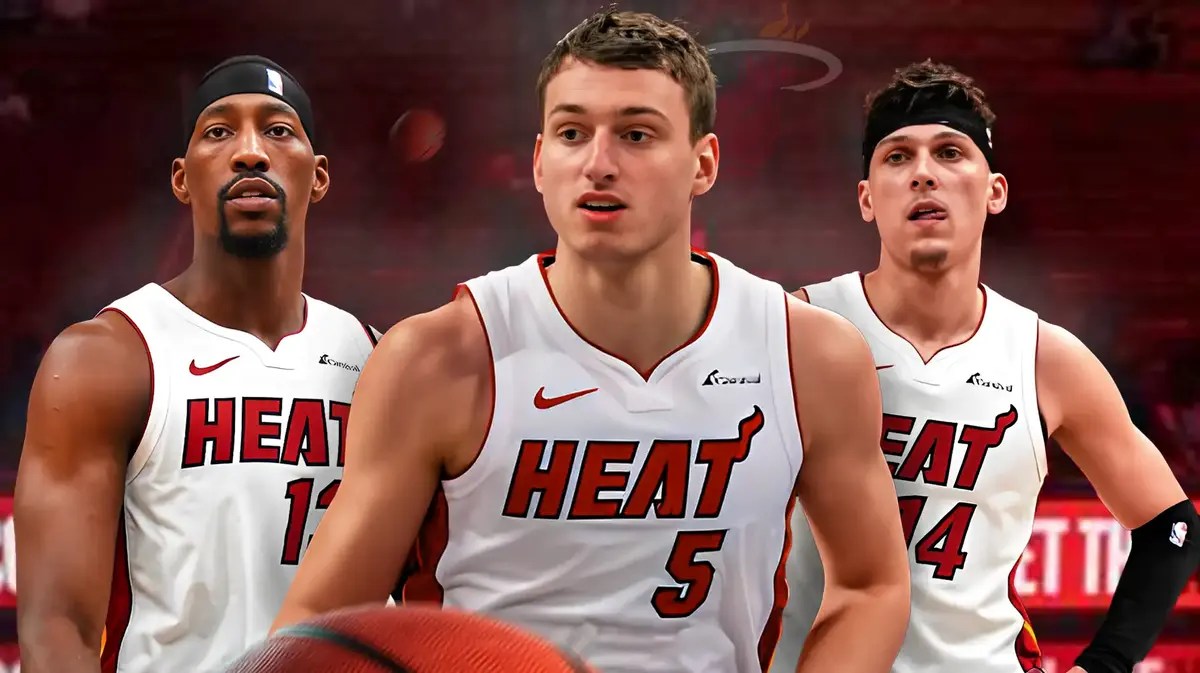 Miami Heat stars Bam Adebayo, Tyler Herro, and Nikola Jovic in front of the Kaseya Center.