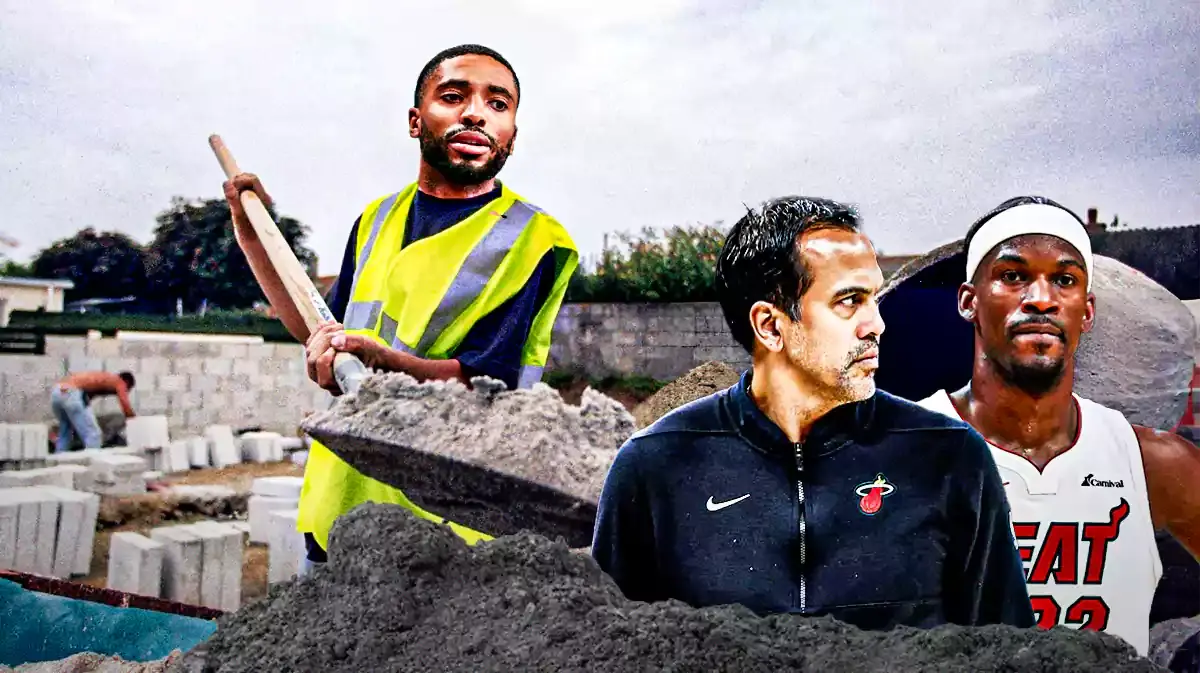 Heat’s Erik Spoelstra, Jimmy Butler walking on wet cement with Nets' Mikal Bridges pouring in cement from the bag