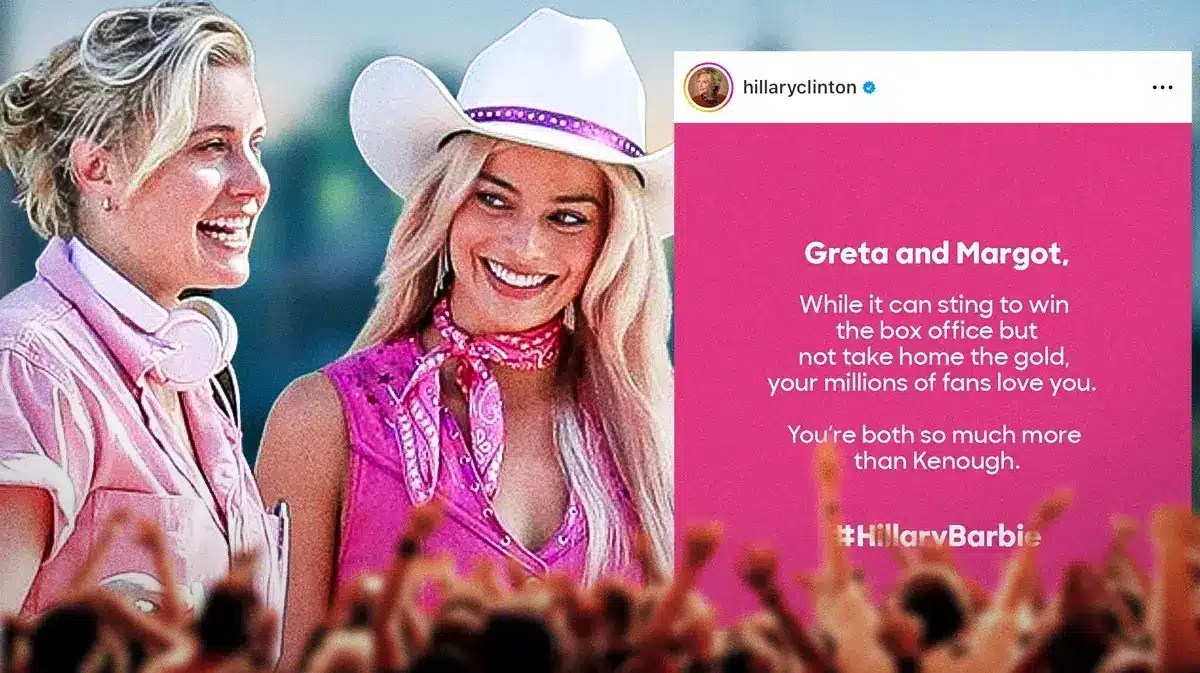 Pic of Hillary Clinton’s social media post alongside a pic of Gerwig and Robbie from set of Barbie