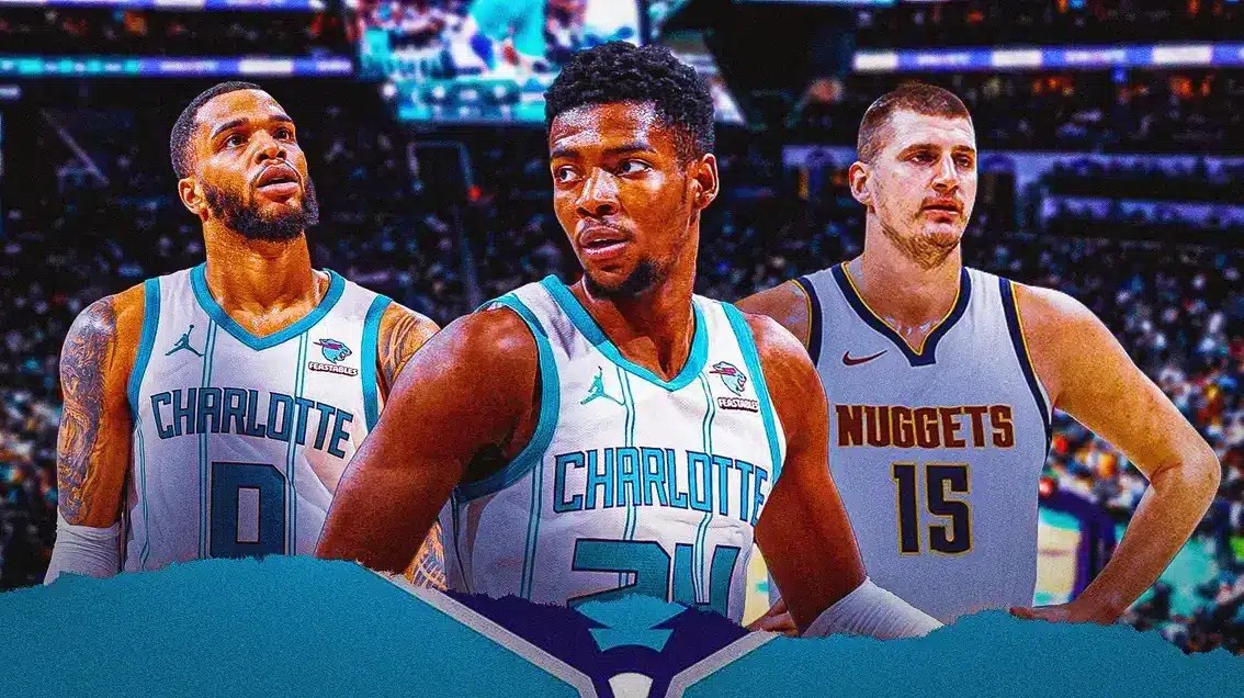 Photo: Brandon Miller, Miles Bridges looking dead serious in Hornets jerseys, Nikola Jokic in action beside them