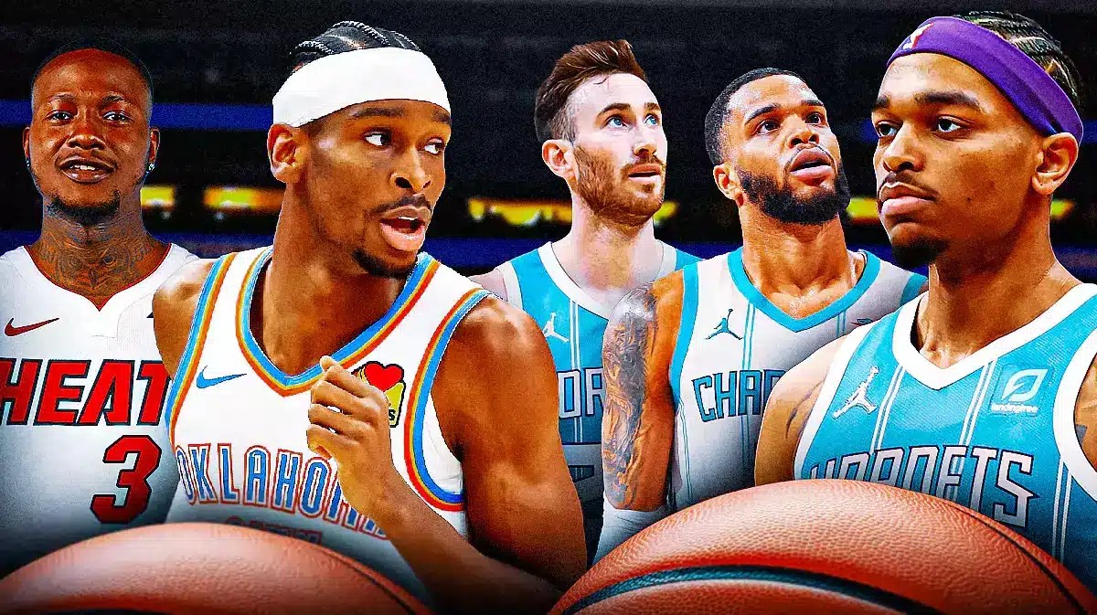 Thunder’s Shai Gilgeous-Alexander looking at Hornets' PJ Washington, Miles Bridges, and Gordon Hayward, with Terry Rozier smiling in a Heat uniform beside SGA