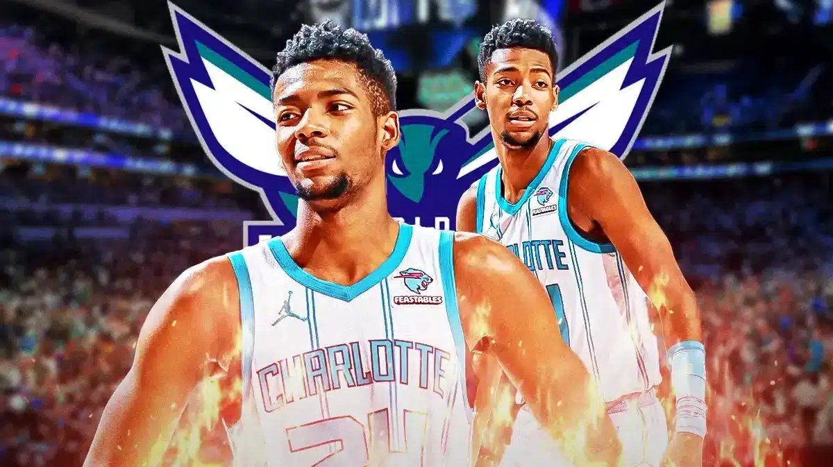 Brandon Miller in middle of image looking happy with fire around him, CHA Hornets logo, basketball court in background