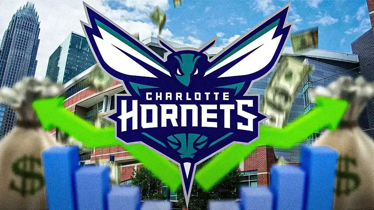 Spectrum Center in middle of image, Charlotte Hornets logo also in image, some money in image to represent renovations