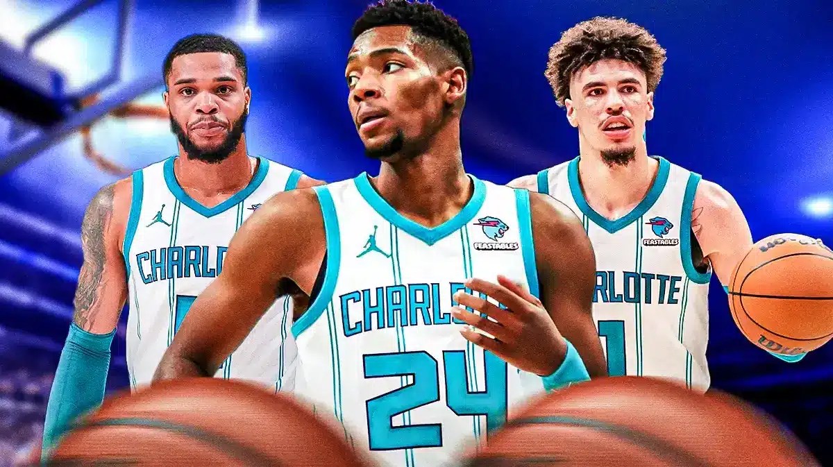 Charlotte Hornets stars Brandon Miller, LaMelo Ball, and Miles Bridges in front of the Spectrum Center.