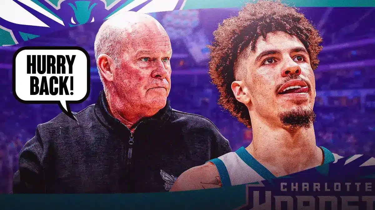Charlotte Hornets' LaMelo Ball, head coach Steve Clifford and a speech bubble “Hurry Back!”
