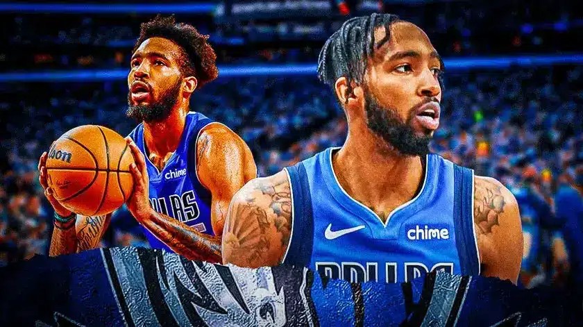 Mavs' Derrick Jones Jr. in front looking serious. In background, Mavs' Derrick Jones Jr. shooting a basketball.