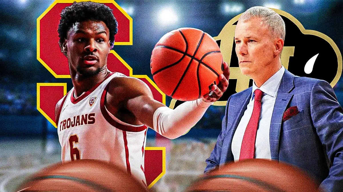 Bronny James and Andy Enfield with both the USC and Colorado logos in the background