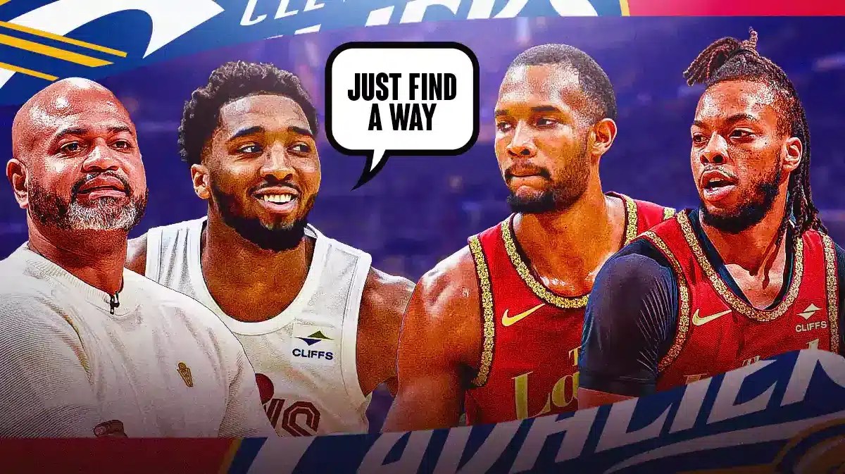 Cavs' Donovan Mitchell saying "Just find a way" next to JB Bickerstaff, Evan Mobley, and Darius Garland