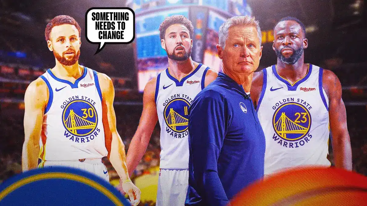 Warriors' Stephen Curry saying "Something needs to change" next to Klay Thompson, Steve Kerr and Draymond Green