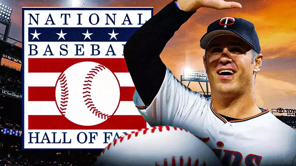 Joe Mauer next to the Baseball Hall of Fame logo (Minnesota Twins)